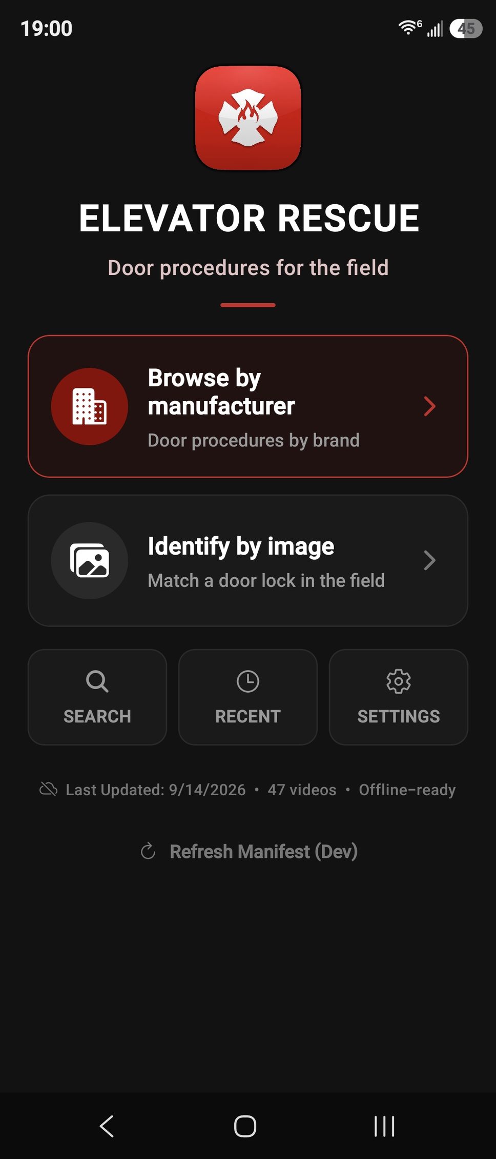 Elevator Rescue App home screen