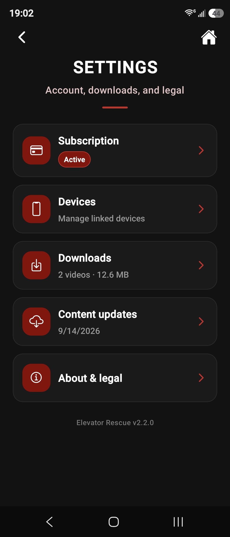 Settings hub with subscription and downloads